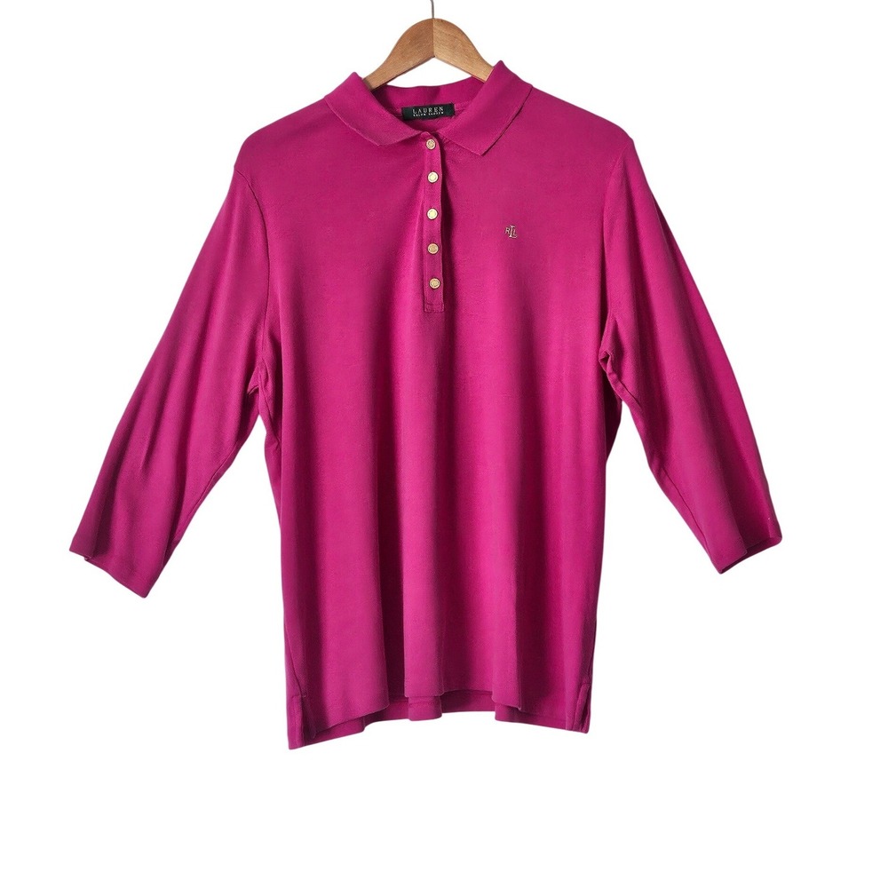 Lauren Ralph Lauren Monogram Polo Knit Collared Top Pink XL Preppy Country Club